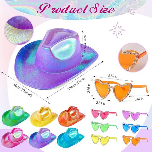 Shihanee 18 قطعة من قبعة الريش الملونة المجسمة ونظارات القلب مجموعة نيون سباركلي بريق قبعة رعاة البقر 6.6 قدم 60 جرام من الريش الملون لحفلة ديسكو كرنفال in Kuwait