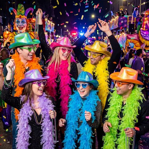 Shihanee 18 قطعة من قبعة الريش الملونة المجسمة ونظارات القلب مجموعة نيون سباركلي بريق قبعة رعاة البقر 6.6 قدم 60 جرام من الريش الملون لحفلة ديسكو كرنفال in Kuwait