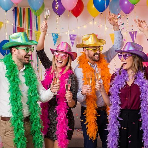 Shihanee 18 قطعة من قبعة الريش الملونة المجسمة ونظارات القلب مجموعة نيون سباركلي بريق قبعة رعاة البقر 6.6 قدم 60 جرام من الريش الملون لحفلة ديسكو كرنفال in Kuwait