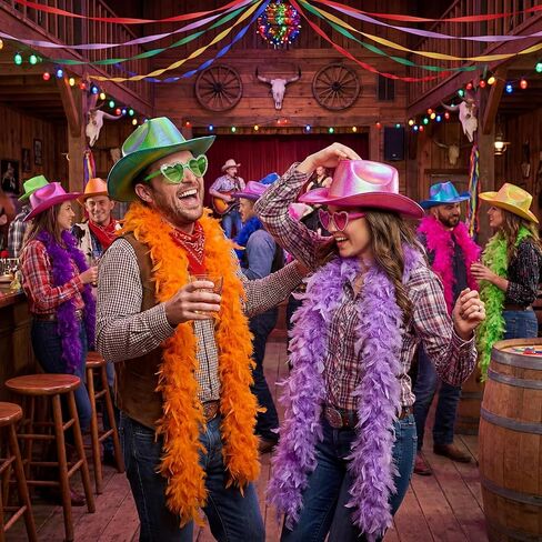 Shihanee 18 قطعة من قبعة الريش الملونة المجسمة ونظارات القلب مجموعة نيون سباركلي بريق قبعة رعاة البقر 6.6 قدم 60 جرام من الريش الملون لحفلة ديسكو كرنفال in Kuwait