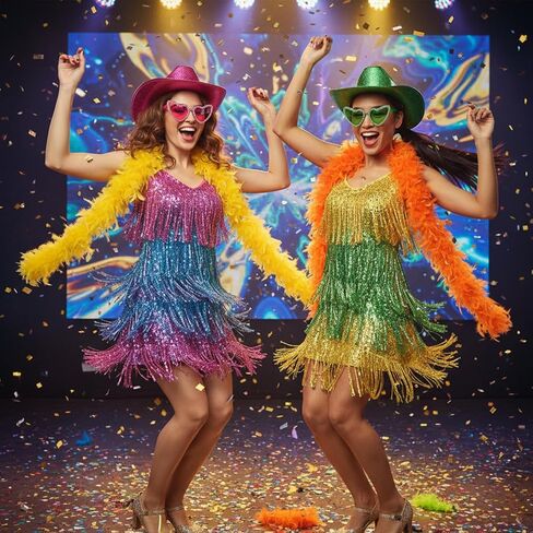 Shihanee 18 قطعة من قبعة الريش الملونة المجسمة ونظارات القلب مجموعة نيون سباركلي بريق قبعة رعاة البقر 6.6 قدم 60 جرام من الريش الملون لحفلة ديسكو كرنفال in Kuwait