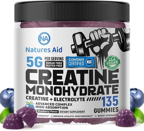 Natures Aid Creatine Gummy 5g - كرياتين مونوهيدرات معتمد من NSF - طاقة ما قبل التمرين ودعم نمو العضلات للرجال والنساء | علكات إلكتروليت التوت الأزرق (135 قطعة) in Kuwait