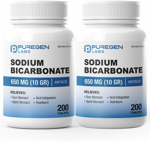 Puregen Labs Sodium Bicarbonate Tablets 650mg (10 Grains) - 200 Count | USP Grade Baking Soda Supplement, Natural Relief of Acid Indigestion, Heartburn, Sour Stomach & Upset Stomach in Saudi Arabia