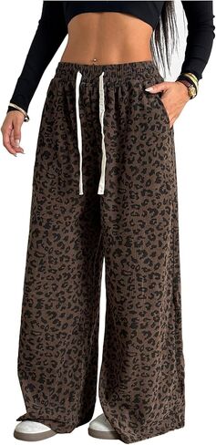 OYOANGLE Women's Graphic Print Drawstring Elastic High Waist Long Pants Y2k Wide Leg Casual Trousers with Pockets in Kuwait