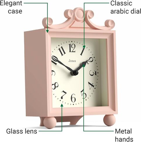 JONES CLOCKS® Parlor Mantel Clock | ساعة النقل الكلاسيكية | روز بينك | حافظة مزخرفة مربعة أنيقة، مثالية للرف أو الطاولة أو بجانب السرير in Kuwait