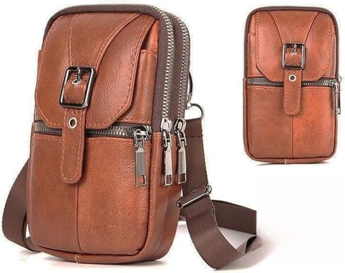 ohsofy Multifunction Leather Messenger Bag Pure Handbag Fashion Pouch Shoulder Crossbody Bag Brown Genuine Cowhide Leather 4 Pockets 7.48 x 3.93 x 2.36 inches in Saudi Arabia