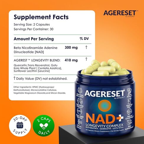 AGERESET Nicotinamide Adenine Dinucleotide NAD+ Supplement 300mg with Trans Resveratrol, Quercetin & Gotu Kola – Cellular Energy & Cellular Health – 60 Vegan Capsules in Saudi Arabia