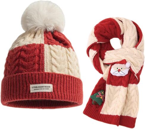 KORADI Girls Christmas Knit Hat Boys Cabled Beanie Scarf Two Sets Winter Kids Cuffed Skull Cap with Pom Gift 2-10 Years in Saudi Arabia
