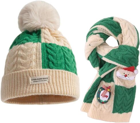 KORADI Girls Christmas Knit Hat Boys Cabled Beanie Scarf Two Sets Winter Kids Cuffed Skull Cap with Pom Gift 2-10 Years in Saudi Arabia