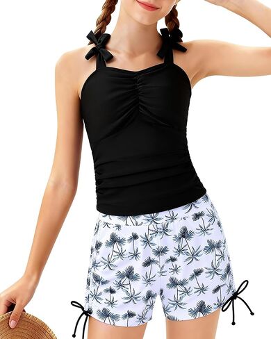 Girls Tankini Swimsuit 2 Piece Ruched Tie-Straps Swimwear Drawstring Swim Shorts Girl Bathing Suit 7-16Y in Saudi Arabia