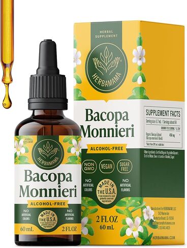 مكمل HERBAMAMA Bacopa Monnieri - تركيز نباتي على الدماغ ودعم الوضوح مع صبغة مستخلص Bacopa - قطرات عشبية براهمي غير معدلة وراثيًا وخالية من الكحول والسكر، كمية تكفي 168 يومًا in Kuwait