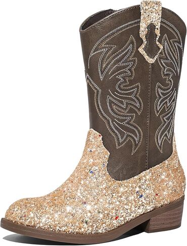 K KomForme Girls Cowgirl Boots Mid Calf Glitter Cowboy Boots Western Round-Toe Riding Shoes (Toddler/Little Kid/Big Kid) in Saudi Arabia
