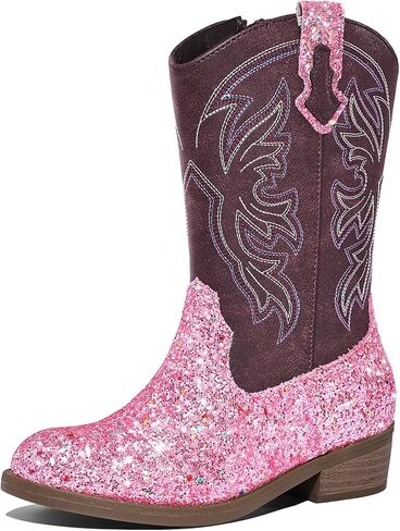 K KomForme Girls Cowgirl Boots Mid Calf Glitter Cowboy Boots Western Round-Toe Riding Shoes (Toddler/Little Kid/Big Kid) in Saudi Arabia