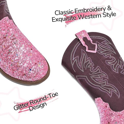 K KomForme Girls Cowgirl Boots Mid Calf Glitter Cowboy Boots Western Round-Toe Riding Shoes (Toddler/Little Kid/Big Kid) in Saudi Arabia