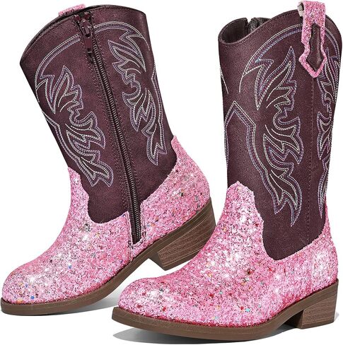 K KomForme Girls Cowgirl Boots Mid Calf Glitter Cowboy Boots Western Round-Toe Riding Shoes (Toddler/Little Kid/Big Kid) in Saudi Arabia