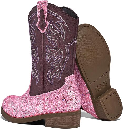 K KomForme Girls Cowgirl Boots Mid Calf Glitter Cowboy Boots Western Round-Toe Riding Shoes (Toddler/Little Kid/Big Kid) in Saudi Arabia