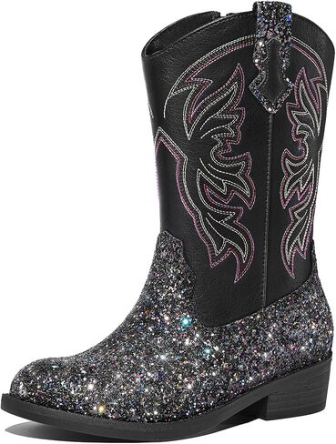 K KomForme Girls Cowgirl Boots Mid Calf Glitter Cowboy Boots Western Round-Toe Riding Shoes (Toddler/Little Kid/Big Kid) in Saudi Arabia