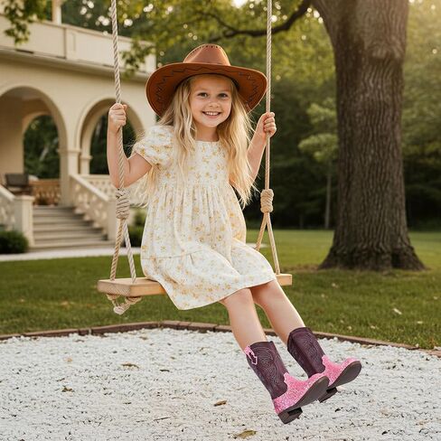 K KomForme Girls Cowgirl Boots Mid Calf Glitter Cowboy Boots Western Round-Toe Riding Shoes (Toddler/Little Kid/Big Kid) in Saudi Arabia