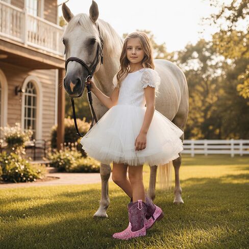 K KomForme Girls Cowgirl Boots Mid Calf Glitter Cowboy Boots Western Round-Toe Riding Shoes (Toddler/Little Kid/Big Kid) in Saudi Arabia