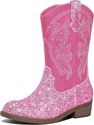 K KomForme Girls Cowgirl Boots Mid Calf Glitter Cowboy Boots Western Round-Toe Riding Shoes (Toddler/Little Kid/Big Kid) in Saudi Arabia