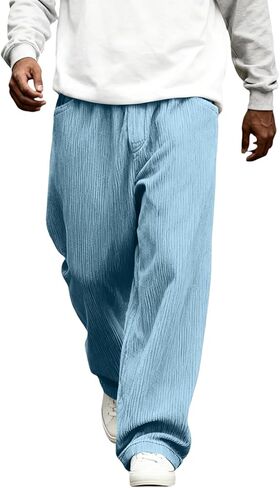 Mens Pants Wide Leg Baggy Corduroy Sweatpants Loose Fit Solid Lightweight Casual Joggers with Pockets in Saudi Arabia
