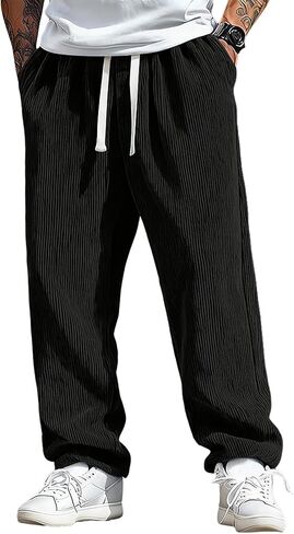Mens Pants Wide Leg Baggy Corduroy Sweatpants Loose Fit Solid Lightweight Casual Joggers with Pockets in Saudi Arabia
