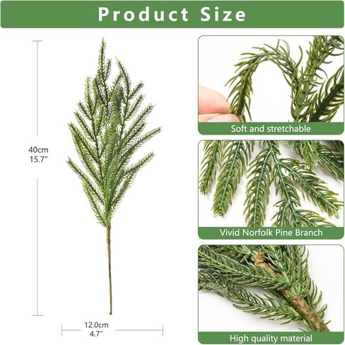 12 Pcs Christmas Norfolk Pine Stems,15" Real Touch Artificial Norfolk Pine Branches,Fake Christmas Greenery Stems Faux Cedar Pine Picks for Vases DIY Table Holiday Winter Xmas Indoor Decor(Green) in Saudi Arabia