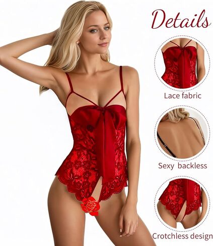 Sexy Lingerie for Women, Bow Tie Lingerie Halter Lace Bodysuit Teddy Babydoll Christmas Valentines Lingerie in Saudi Arabia