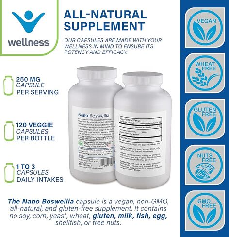 One Planet Nutrition Nano Boswellia 250 mg كبسولات نباتية (120 حصة)، راتنج Boswellia serrata، يدعم الوظيفة الإدراكية لصحة الدماغ، غير معدل وراثيًا، نباتي، خالي من الغلوتين in Kuwait