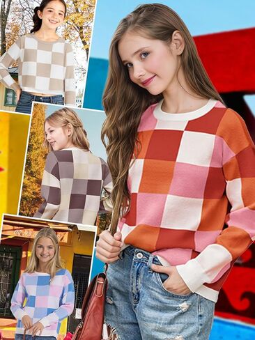 Girls Fall Winter Crop Tops 2026 Sweater Teen Fashion School Cute Long Sleeve Colorblock Kids Knit Sweaters Pullover in Saudi Arabia