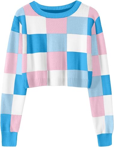 Girls Fall Winter Crop Tops 2026 Sweater Teen Fashion School Cute Long Sleeve Colorblock Kids Knit Sweaters Pullover in Saudi Arabia