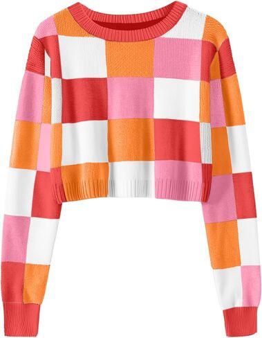 Girls Fall Winter Crop Tops 2026 Sweater Teen Fashion School Cute Long Sleeve Colorblock Kids Knit Sweaters Pullover in Saudi Arabia