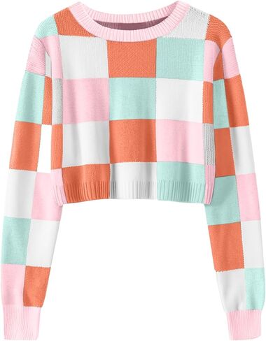 Girls Fall Winter Crop Tops 2026 Sweater Teen Fashion School Cute Long Sleeve Colorblock Kids Knit Sweaters Pullover in Saudi Arabia