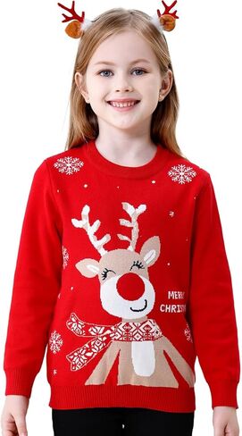Girl Ugly Christmas Sweater - Big Boys Knitted Snowman Reindeer Xmas Holiday Pullover Sweater Kids Red 8-16 Years Old in Saudi Arabia