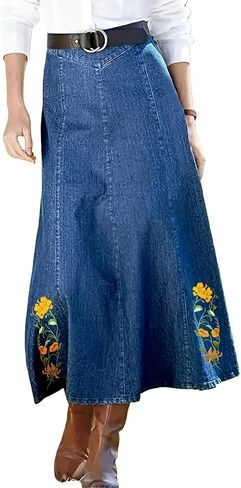 Women's Embroidered Long Denim Skirt A-Line high-Waisted Vintage Denim Skirts Cute Long Jean Skirt for Women Trendy in Saudi Arabia