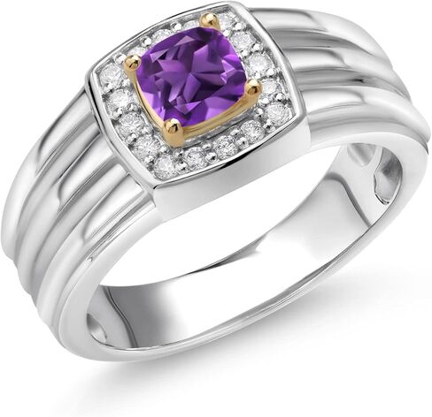 Gem Stone King Men's 5MM Cushion Gemstone Birthstone and Lab Grown Diamond Ring For Men Set In 925 Silver and 10K Yellow Gold | Available In Size 7, 8, 9, 10, 11, 12, 13 in Saudi Arabia