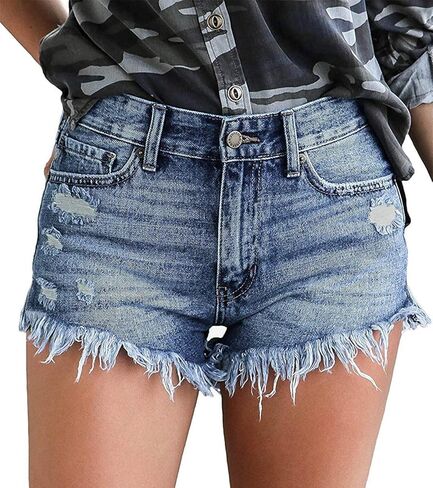onlypuff Women Denim Shorts Ripped Mid Waisted Jean Shorts with Pockets in Saudi Arabia