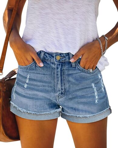 onlypuff Women Denim Shorts Ripped Mid Waisted Jean Shorts with Pockets in Saudi Arabia