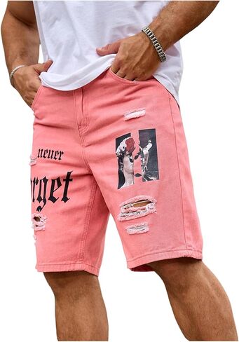 شورت جينز رجالي من Floerns Y2k مطبوع عليه رسومات برمودا Jorts Grunge من قماش الدنيم المتعثر in Kuwait