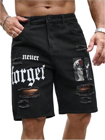 شورت جينز رجالي من Floerns Y2k مطبوع عليه رسومات برمودا Jorts Grunge من قماش الدنيم المتعثر in Kuwait