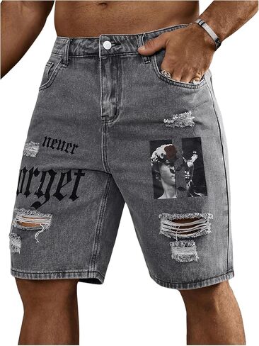 شورت جينز رجالي من Floerns Y2k مطبوع عليه رسومات برمودا Jorts Grunge من قماش الدنيم المتعثر in Kuwait