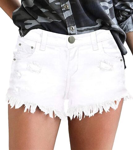 onlypuff Women Denim Shorts Ripped Mid Waisted Jean Shorts with Pockets in Saudi Arabia