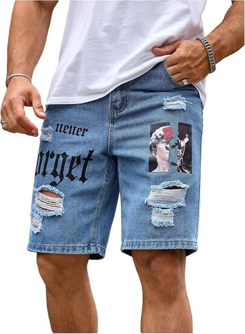 شورت جينز رجالي من Floerns Y2k مطبوع عليه رسومات برمودا Jorts Grunge من قماش الدنيم المتعثر in Kuwait