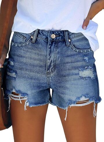 onlypuff Women Denim Shorts Ripped Mid Waisted Jean Shorts with Pockets in Saudi Arabia