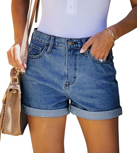 onlypuff Women Denim Shorts Ripped Mid Waisted Jean Shorts with Pockets in Saudi Arabia