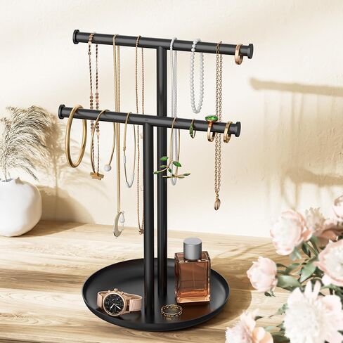 Gold Necklace Rack Stand with Storage Tray - 2 Rods T-Shaped Jewelry Holder Stand for Bracelets, Earrings, Rings | Elegant Vanity & Dresser Top Storage for Women. in Kuwait