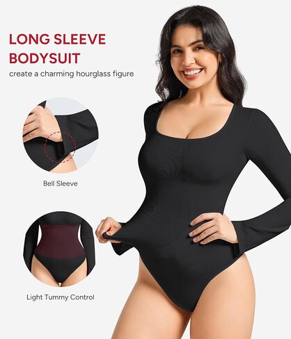Nebility Long Sleeve Bodysuits for Women Tummy Control Shapewear Square Neck Body Suits Bell Sleeves in Saudi Arabia
