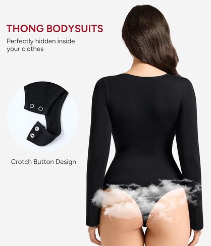 Nebility Long Sleeve Bodysuits for Women Tummy Control Shapewear Square Neck Body Suits Bell Sleeves in Saudi Arabia