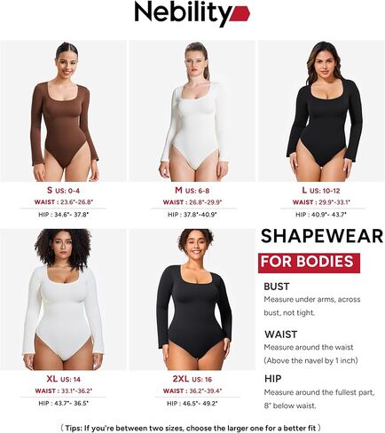 Nebility Long Sleeve Bodysuits for Women Tummy Control Shapewear Square Neck Body Suits Bell Sleeves in Saudi Arabia