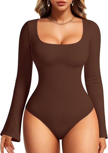 Nebility Long Sleeve Bodysuits for Women Tummy Control Shapewear Square Neck Body Suits Bell Sleeves in Saudi Arabia